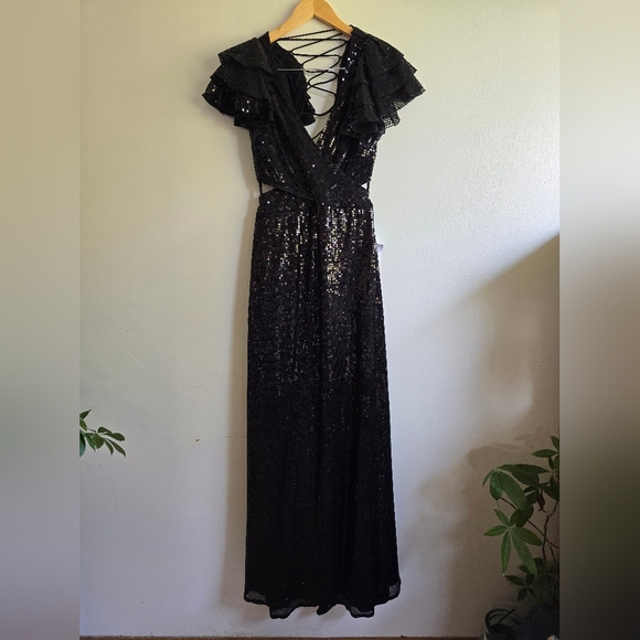 Mac Duggal, Sequined Ruffled Cut-out Lace-up Gown, Black, Size 8‎ - NWOT. - Picture 5 of 13